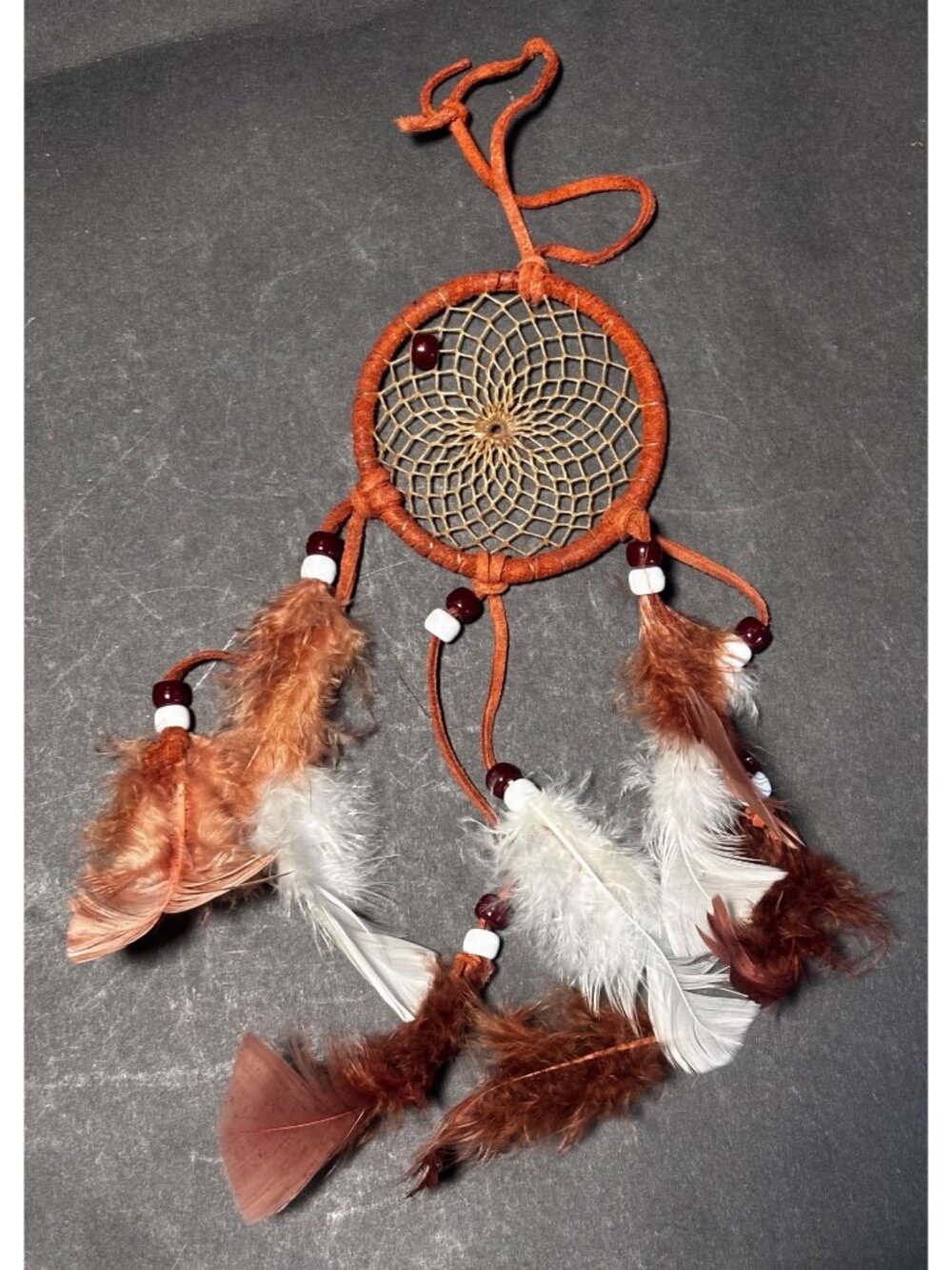 Dream Catcher With Brown Leather & Feathers Tribal Wall Hanging Decor Handmade